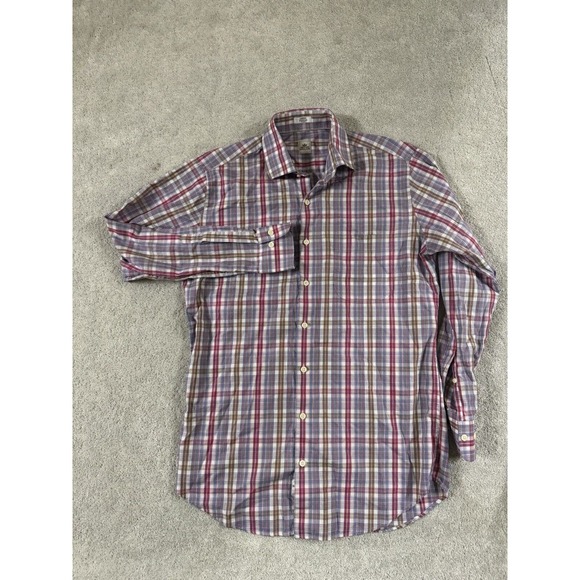 Peter Millar Men’s Long Sleeve Button Down Brown Pink Blue Plaid Shirt Medium - Picture 4 of 7